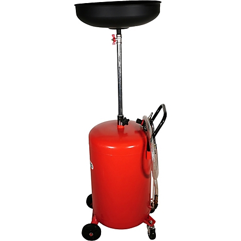 Ölauffanggerät: Schwarze Auffangwanne, roter Tank, silberne Stange, Räder.